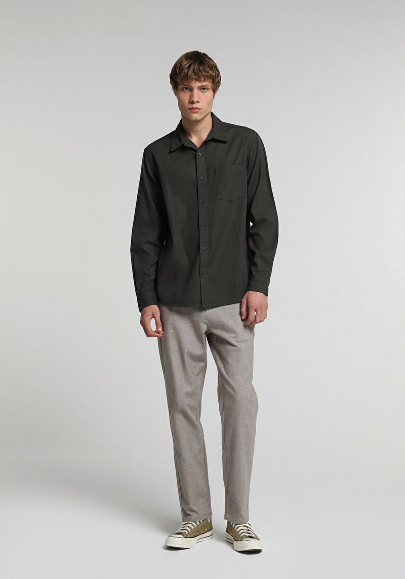 Regular Fit Shirt Neck Düz Erkek Yeşil Uzun Kol Gömlek
