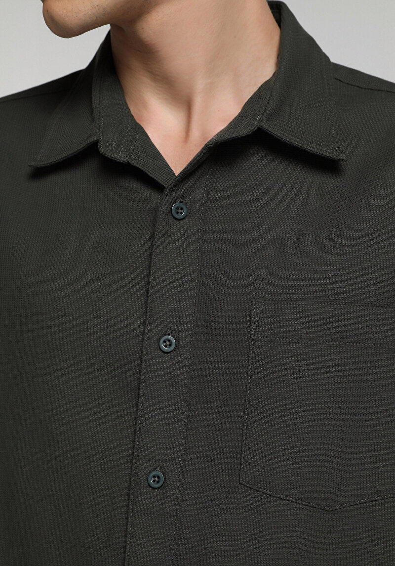 Regular Fit Shirt Neck Düz Erkek Yeşil Uzun Kol Gömlek