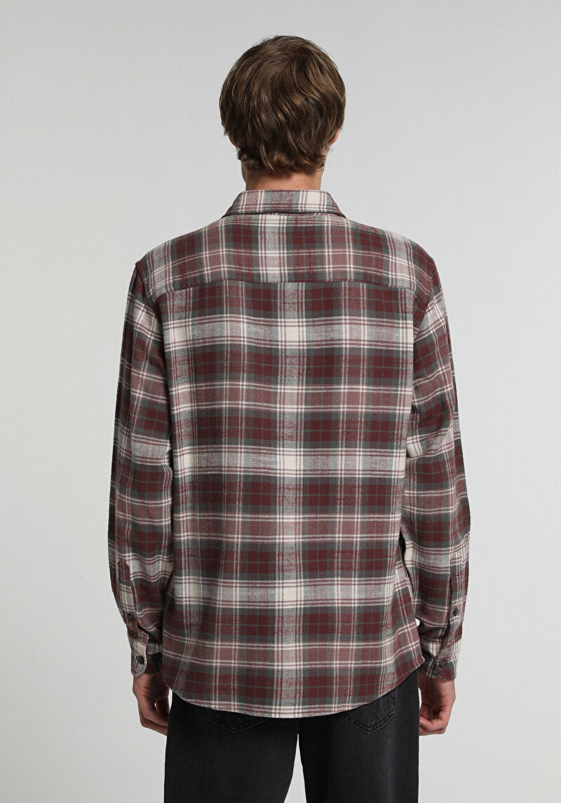 Regular Fit Shirt Neck Ekoseli Erkek Bordo Uzun Kol Gömlek