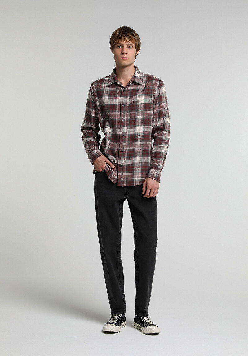 Regular Fit Shirt Neck Ekoseli Erkek Bordo Uzun Kol Gömlek