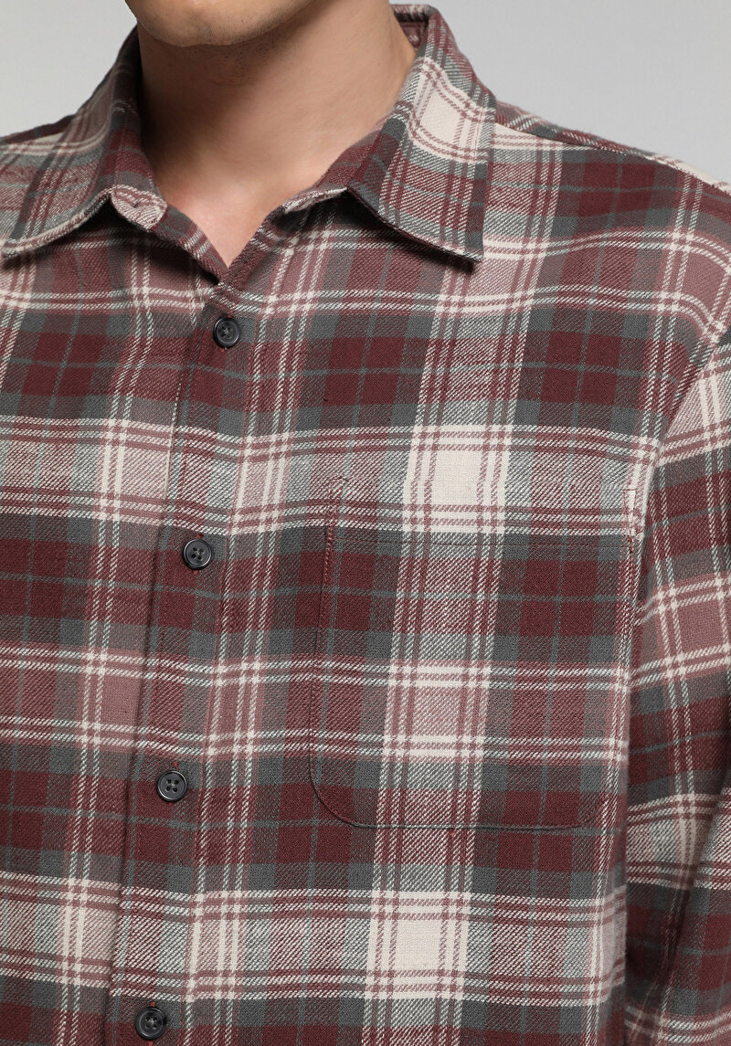 Regular Fit Shirt Neck Ekoseli Erkek Bordo Uzun Kol Gömlek