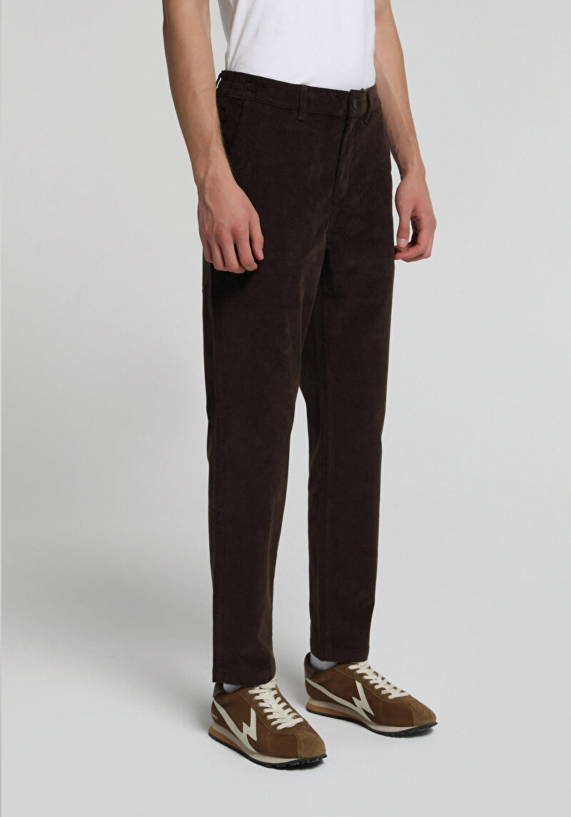 Regular Fit Orta Bel Düz Paça Erkek Kahverengi  Pantolon