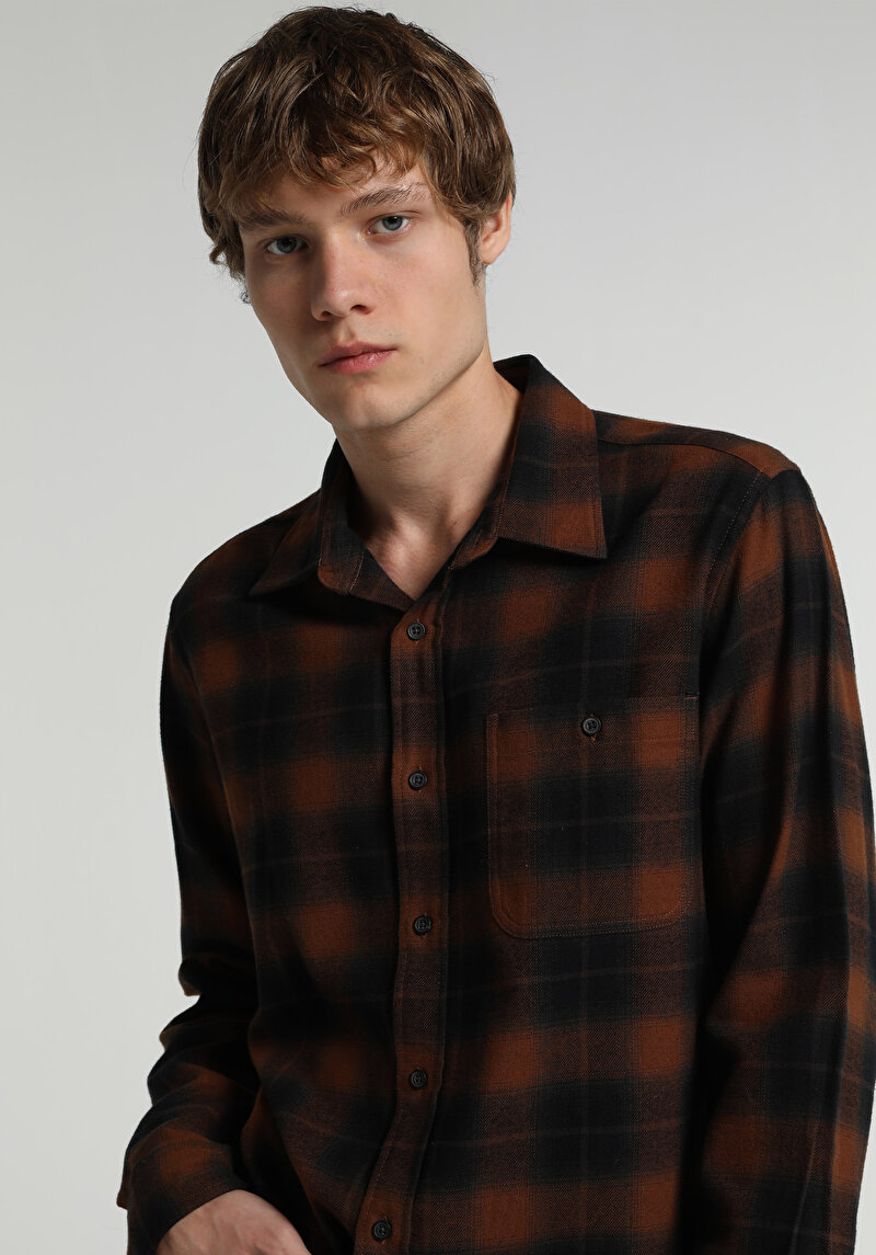 Regular Fit Shirt Neck Ekoseli Erkek Turuncu Uzun Kol Gömlek