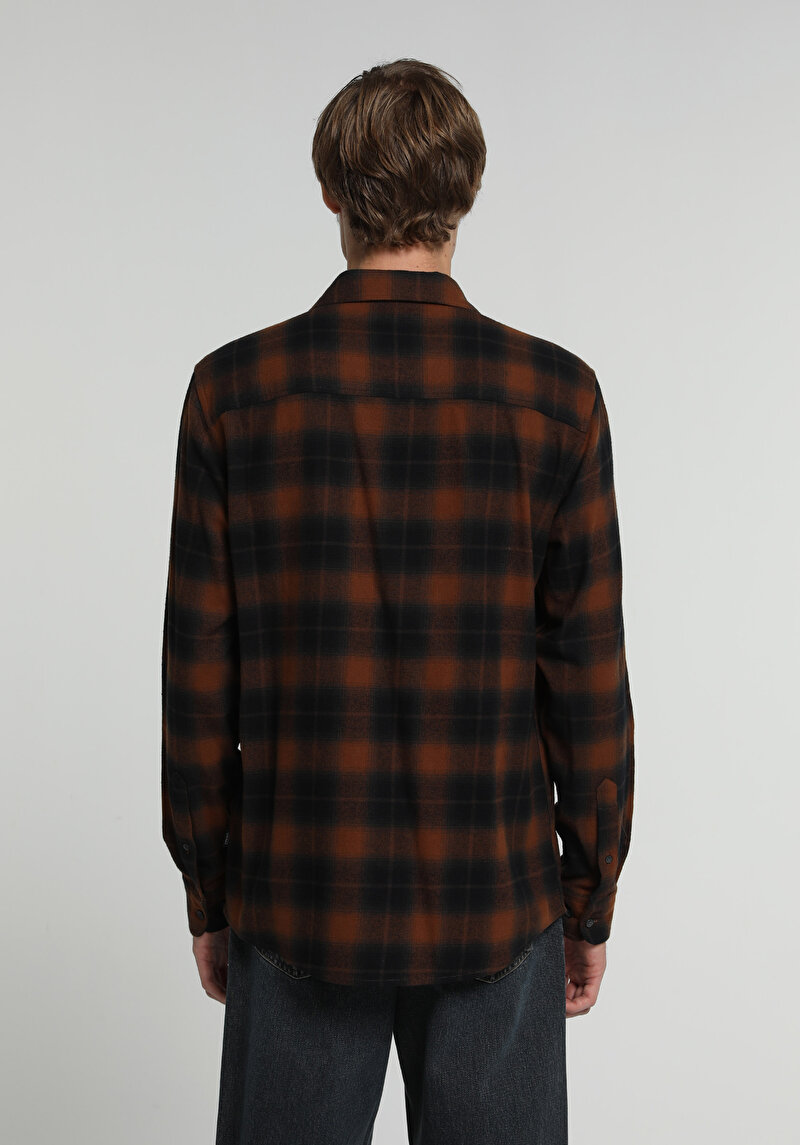 Regular Fit Shirt Neck Ekoseli Erkek Turuncu Uzun Kol Gömlek