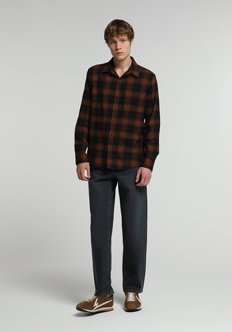 Regular Fit Shirt Neck Ekoseli Erkek Turuncu Uzun Kol Gömlek