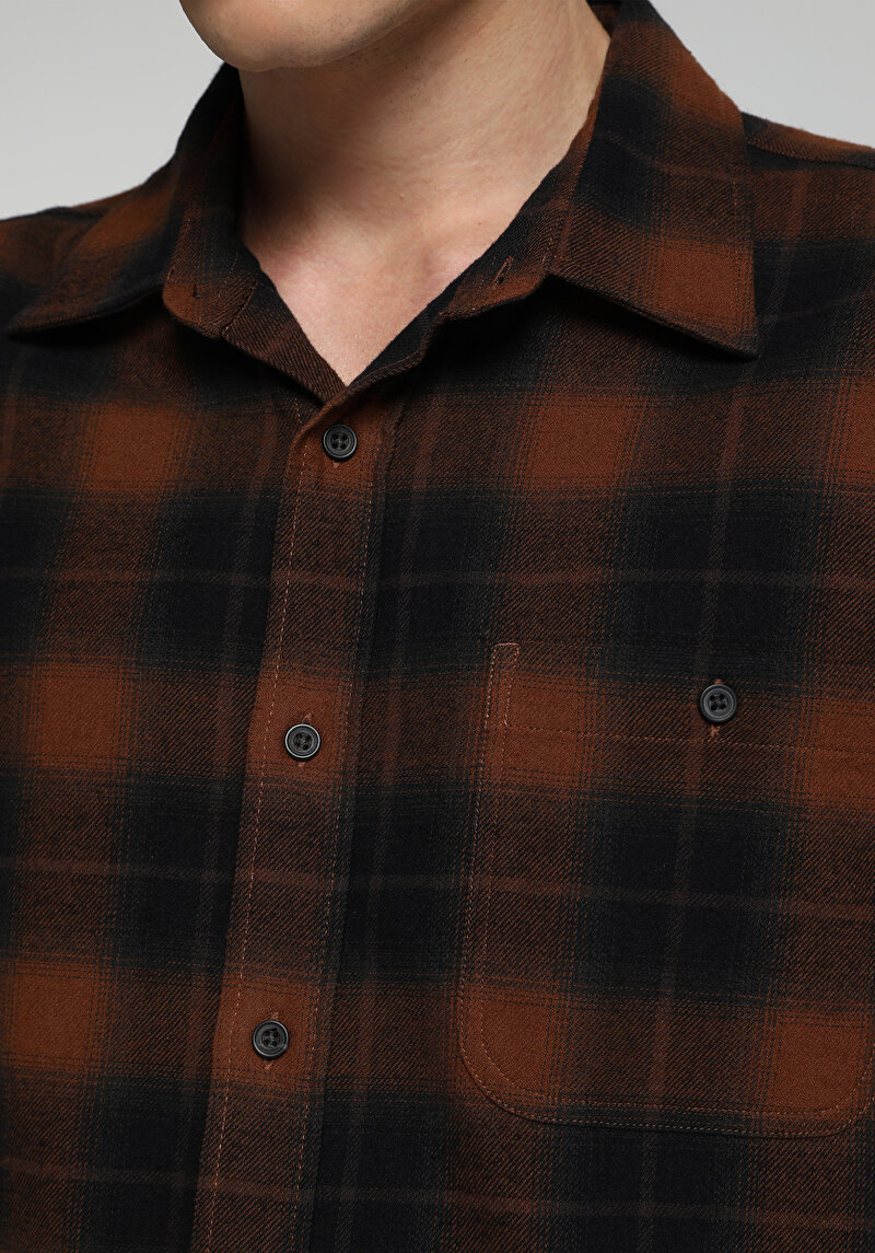Regular Fit Shirt Neck Ekoseli Erkek Turuncu Uzun Kol Gömlek