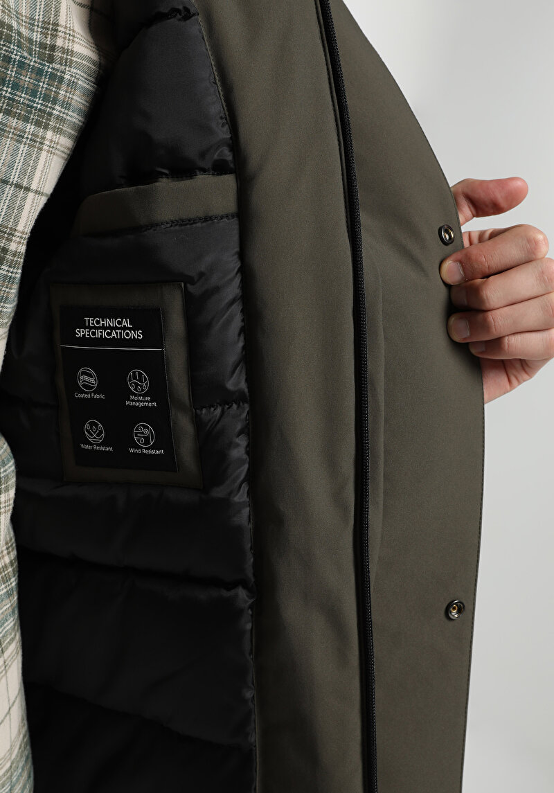 Regular Fit Kapüşonlu Fermuarlı Astarlı  Erkek Yeşil Mont