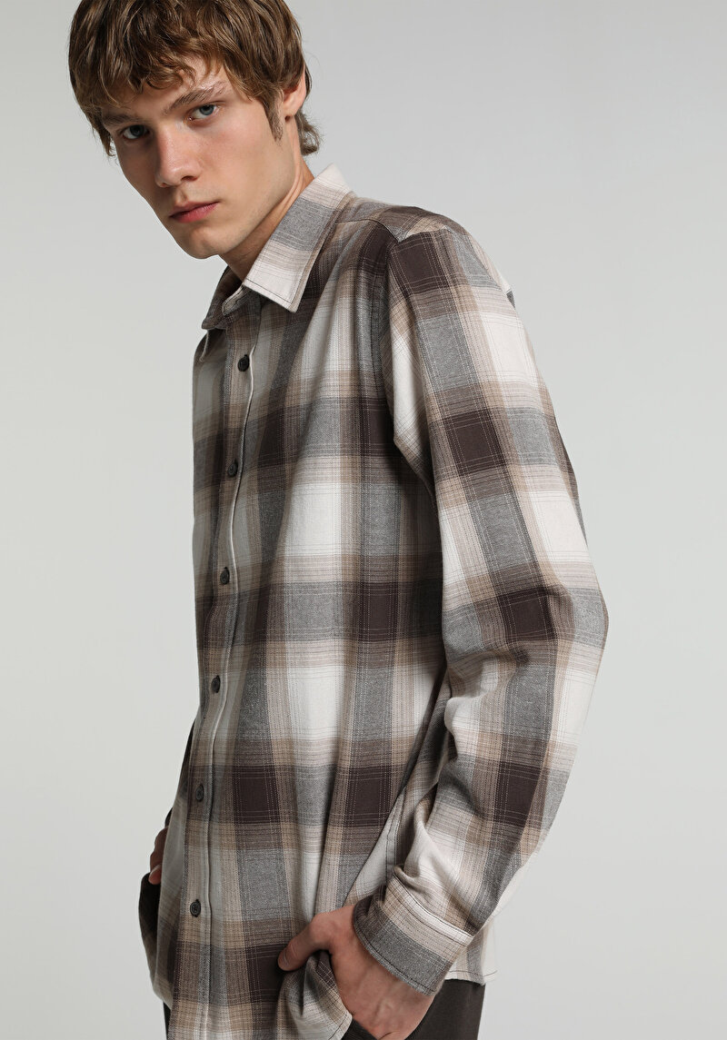 Regular Fit Shirt Neck Ekoseli Erkek Kahverengi Uzun Kol Gömlek