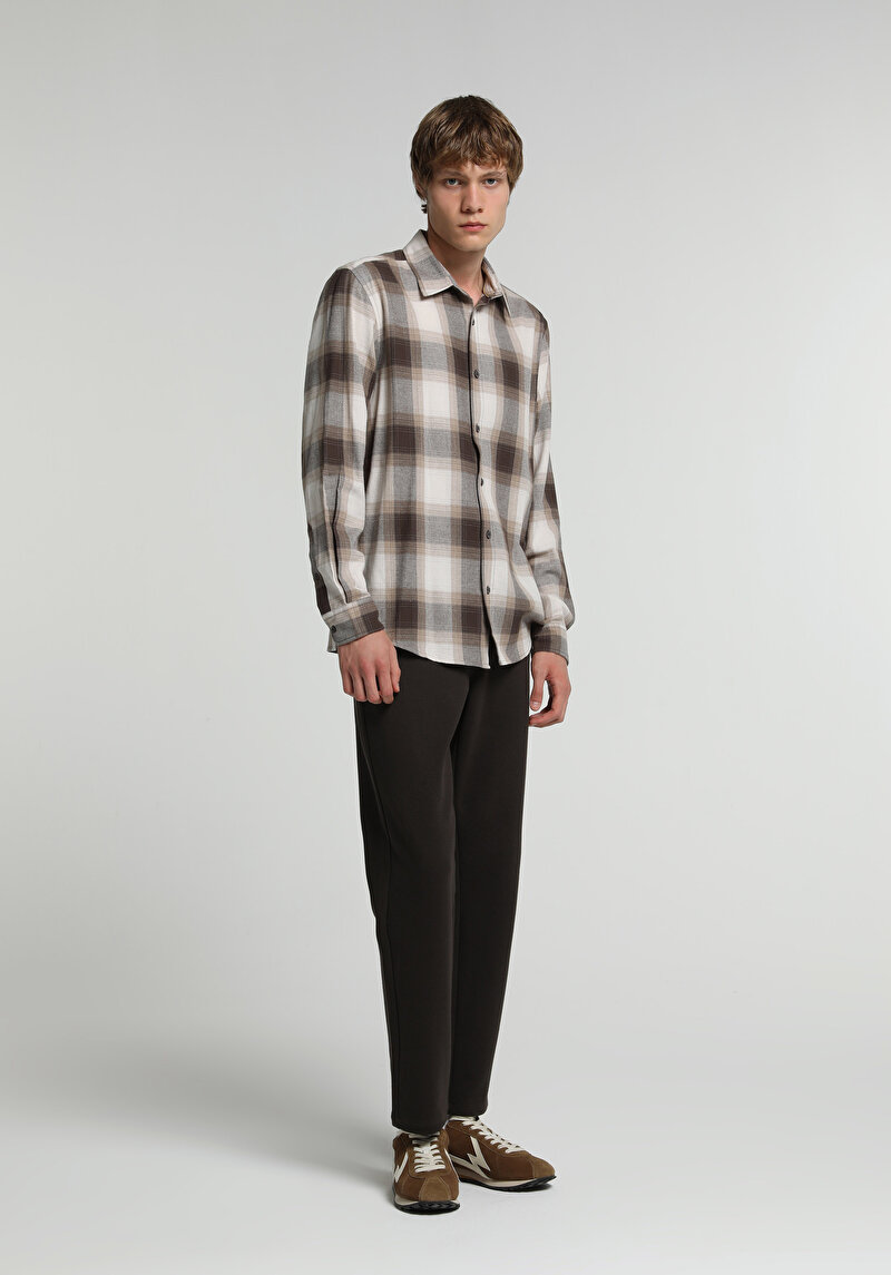 Regular Fit Shirt Neck Ekoseli Erkek Kahverengi Uzun Kol Gömlek