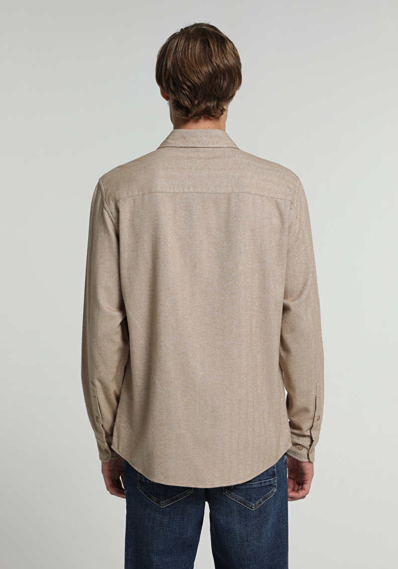 Regular Fit Shirt Neck Düz Erkek Bej Uzun Kol Gömlek
