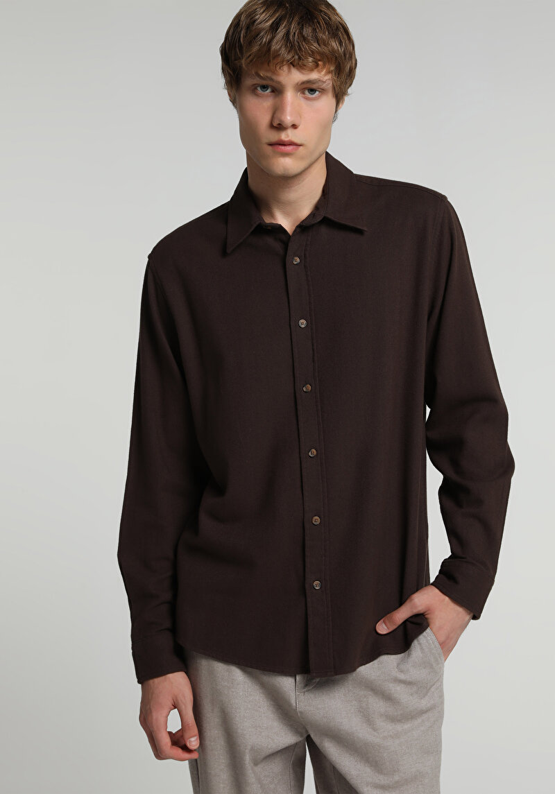 Regular Fit Shirt Neck Düz Erkek Kahverengi Uzun Kol Gömlek