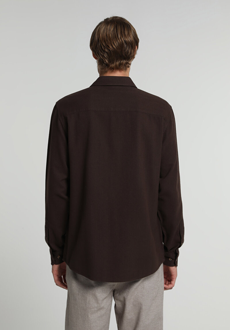 Regular Fit Shirt Neck Düz Erkek Kahverengi Uzun Kol Gömlek