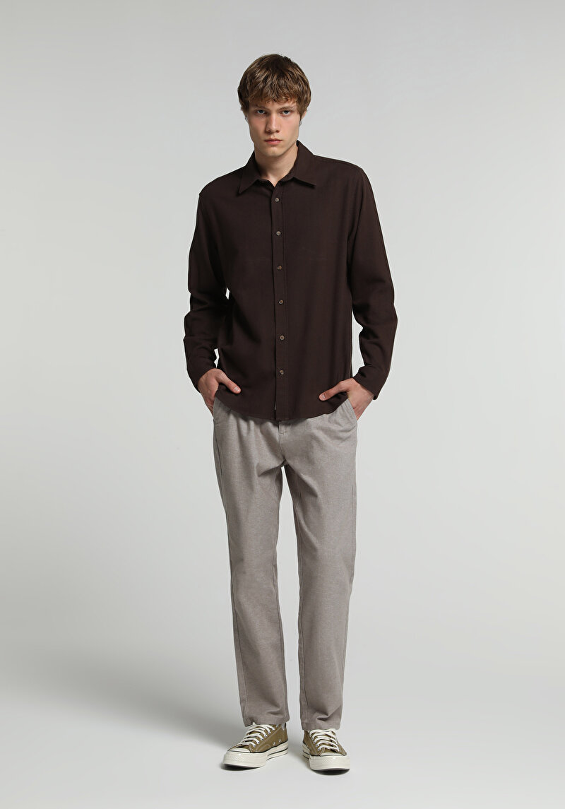 Regular Fit Shirt Neck Düz Erkek Kahverengi Uzun Kol Gömlek