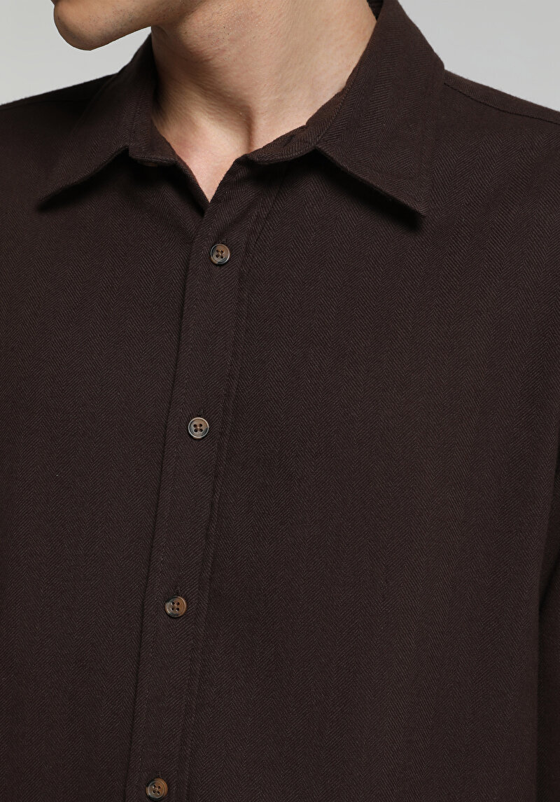 Regular Fit Shirt Neck Düz Erkek Kahverengi Uzun Kol Gömlek
