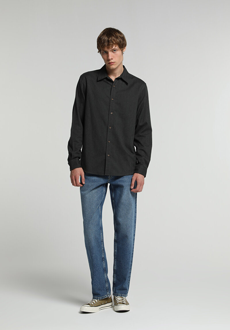 Regular Fit Shirt Neck Düz Erkek Yeşil Uzun Kol Gömlek