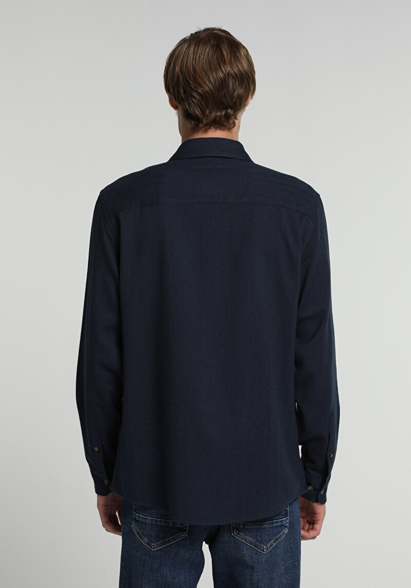 Regular Fit Shirt Neck Düz Erkek Lacivert Uzun Kol Gömlek
