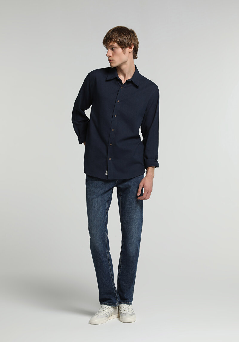 Regular Fit Shirt Neck Düz Erkek Lacivert Uzun Kol Gömlek
