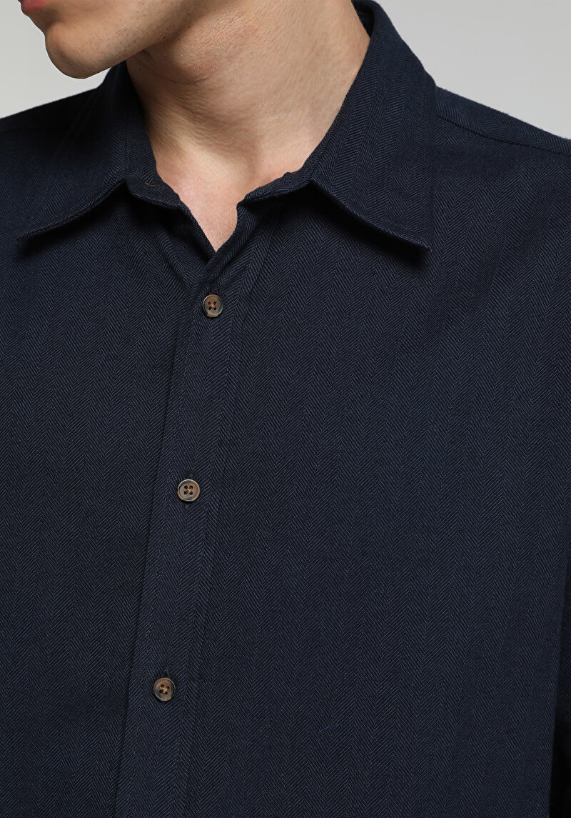 Regular Fit Shirt Neck Düz Erkek Lacivert Uzun Kol Gömlek