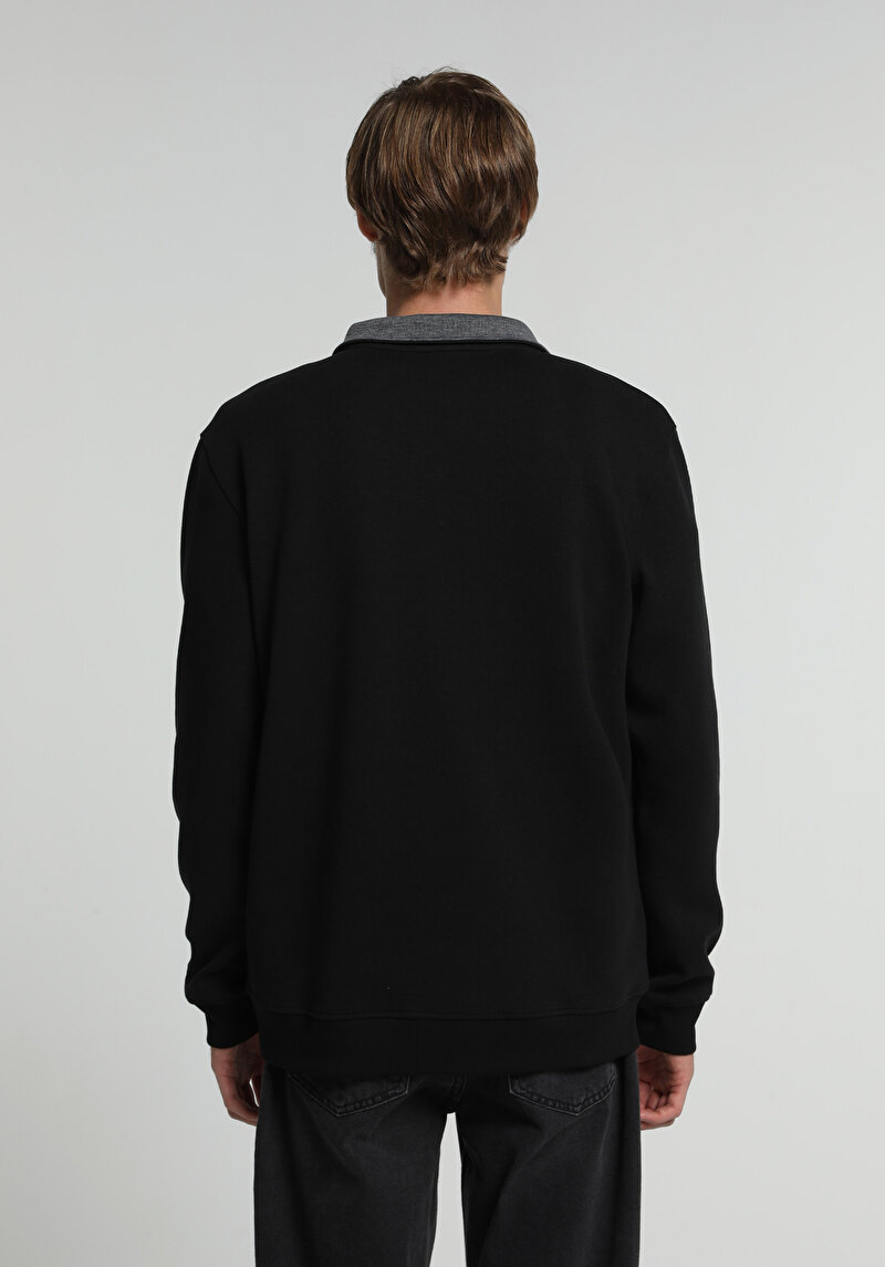Regular Fit Dik Yaka Düz Erkek Siyah Sweatshirt