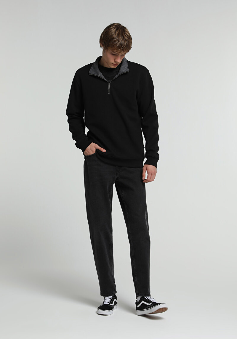 Regular Fit Dik Yaka Düz Erkek Siyah Sweatshirt