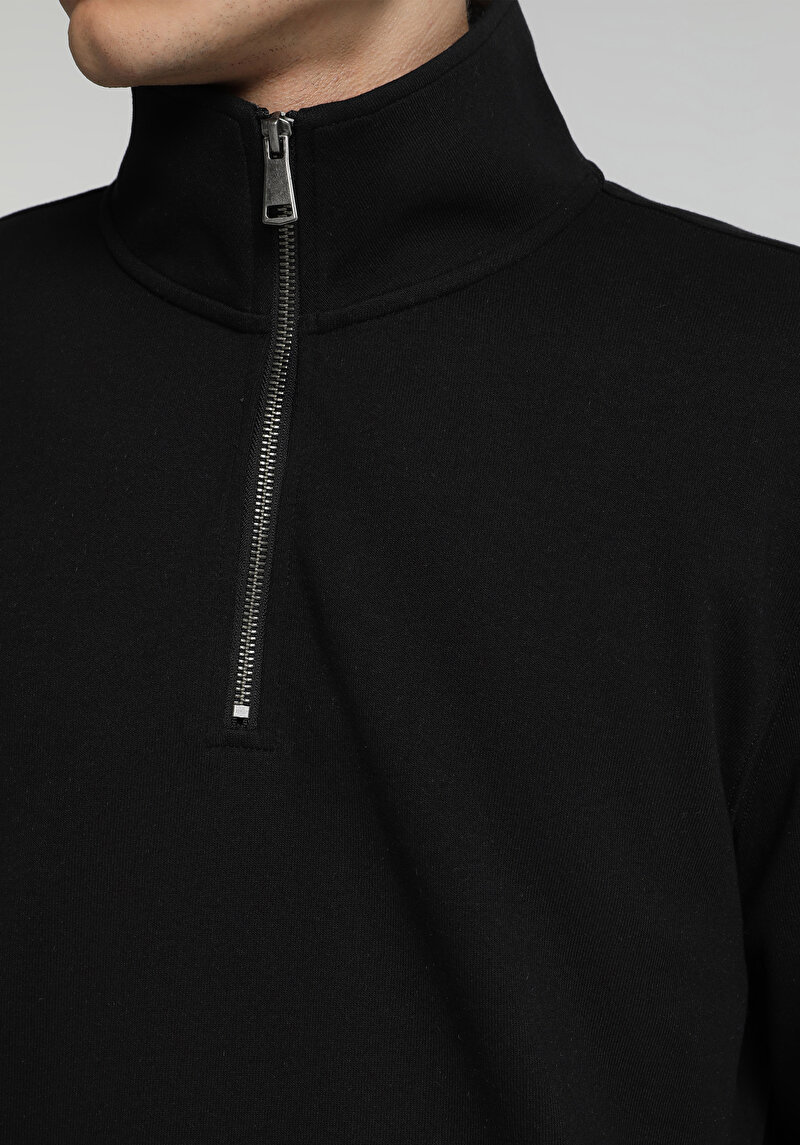 Regular Fit Dik Yaka Düz Erkek Siyah Sweatshirt