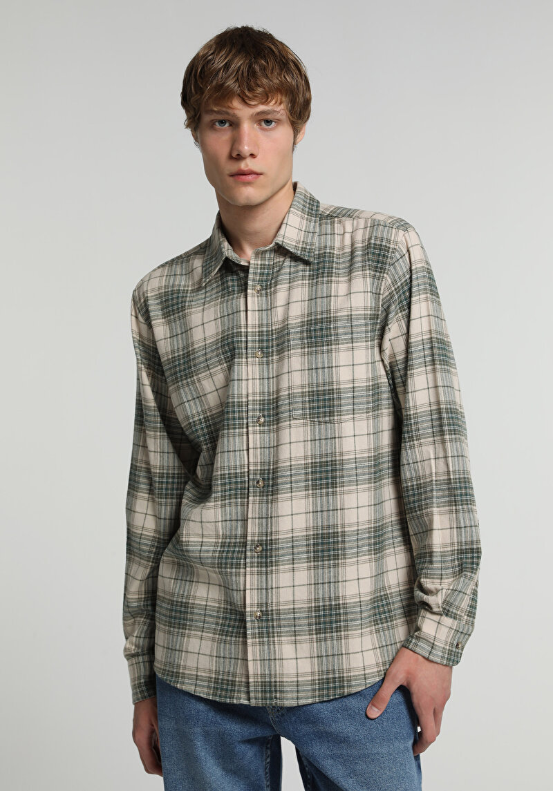 Regular Fit Shirt Neck Ekoseli Erkek Bej Uzun Kol Gömlek
