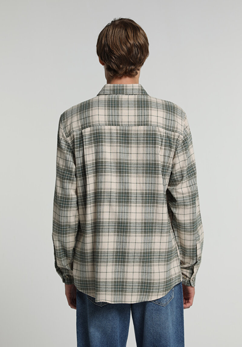 Regular Fit Shirt Neck Ekoseli Erkek Bej Uzun Kol Gömlek