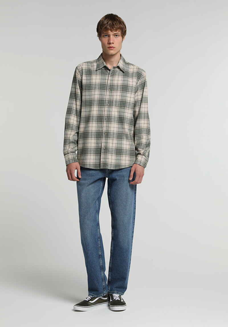 Regular Fit Shirt Neck Ekoseli Erkek Bej Uzun Kol Gömlek