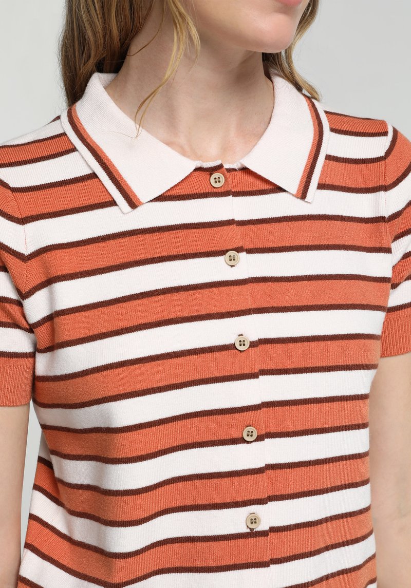 Regular Fit Polo Yaka Çizgili Kadın Çok Renkli Kısa Kol Kazak