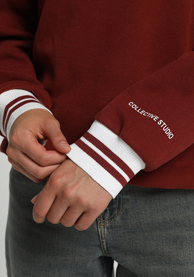 Regular Fit High Neck Baskılı Kadın Bordo Sweatshirt