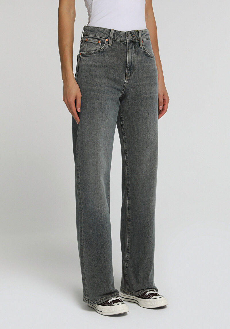 Wide Leg Fit   Kadın Over Dyed Denim Jean Pantolon