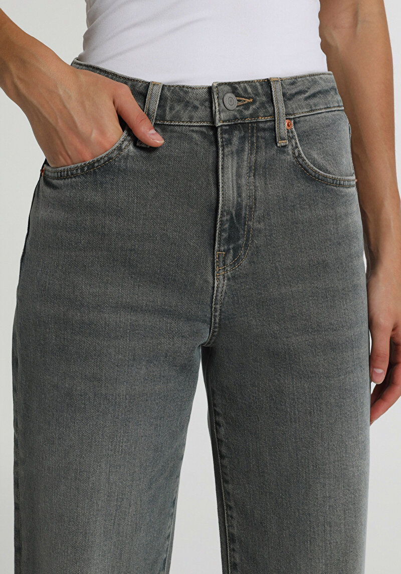 Wide Leg Fit   Kadın Over Dyed Denim Jean Pantolon