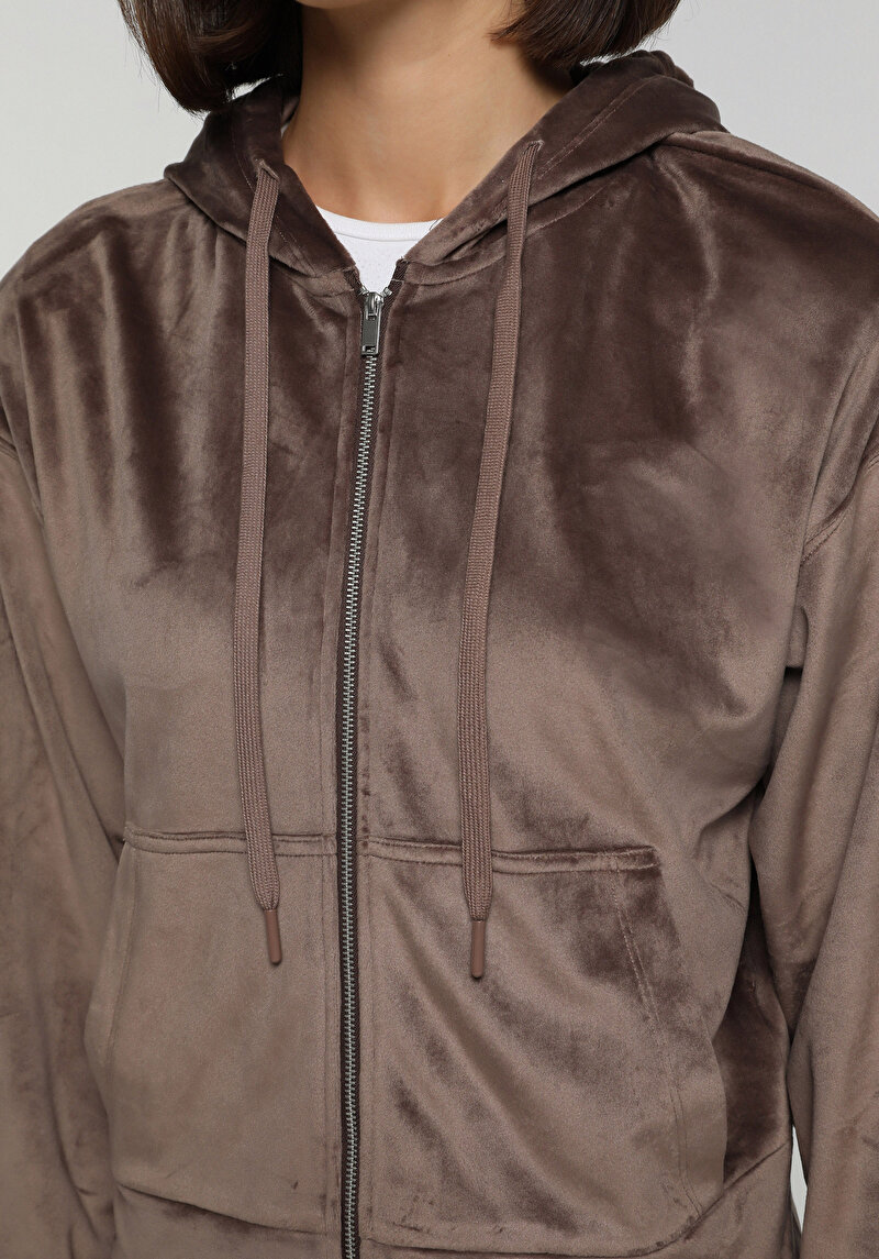 Slim Fit Fermuarlı Düz Kadın Kahverengi Sweatshirt