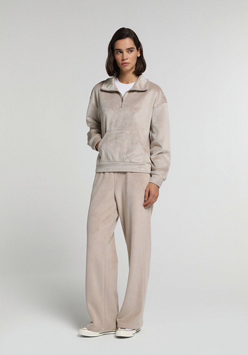 Regular Fit Polo Yaka Düz Kadın  Sweatshirt