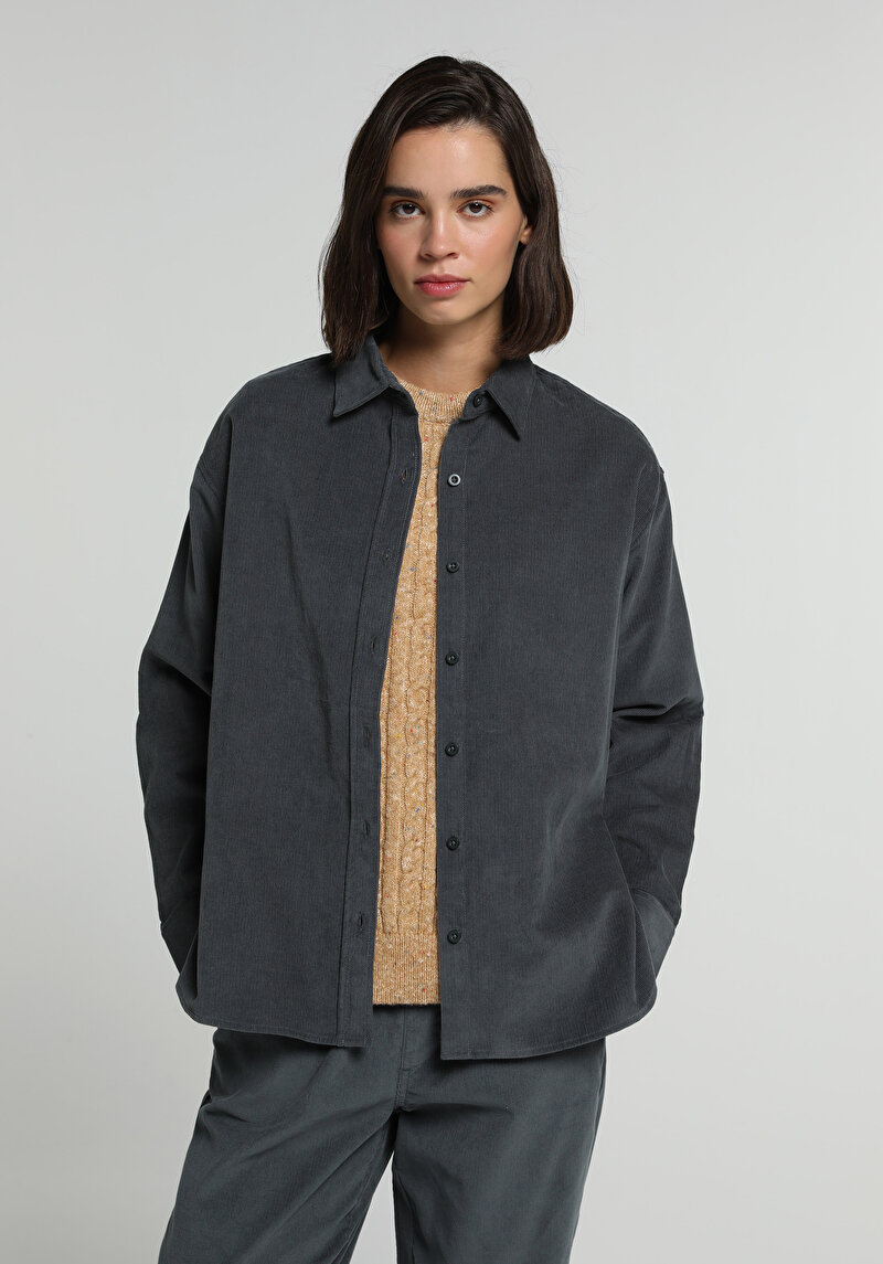Boyfriend Fit Shirt Neck Düz Kadın Yeşil Uzun Kol Gömlek
