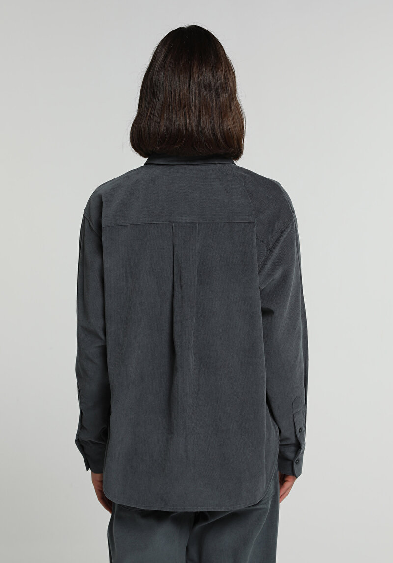 Boyfriend Fit Shirt Neck Düz Kadın Yeşil Uzun Kol Gömlek