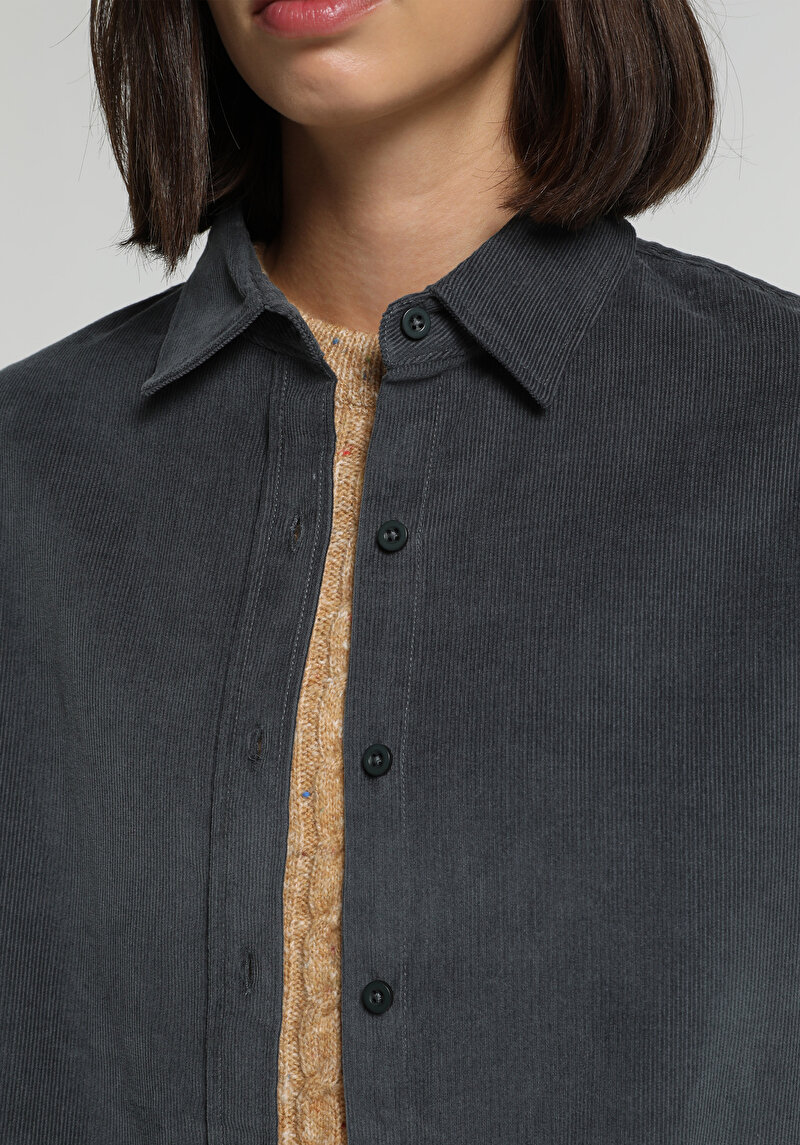 Boyfriend Fit Shirt Neck Düz Kadın Yeşil Uzun Kol Gömlek