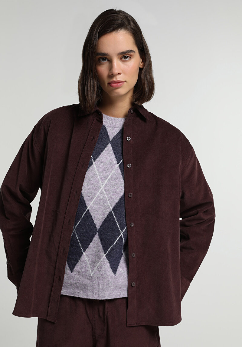 Boyfriend Fit Shirt Neck Düz Kadın Mor Uzun Kol Gömlek