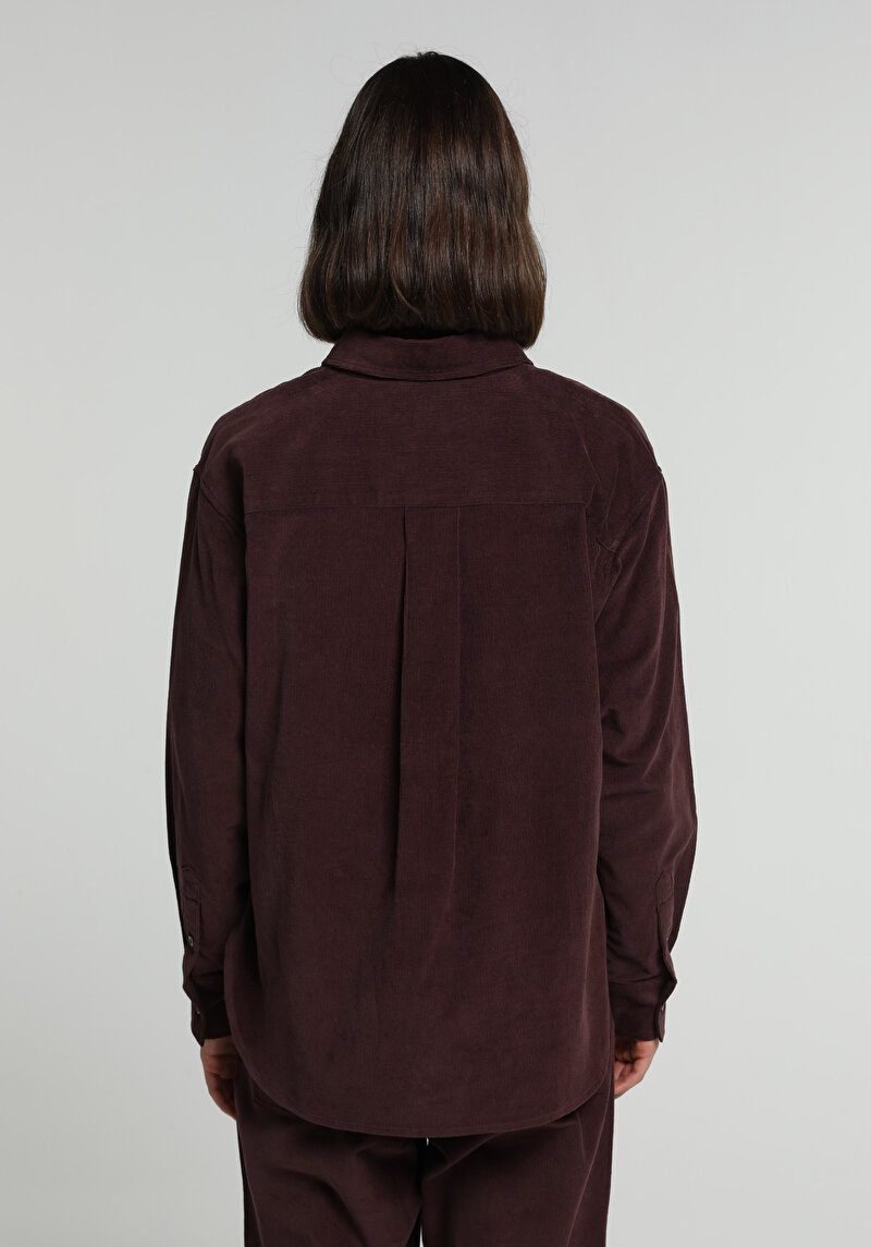 Boyfriend Fit Shirt Neck Düz Kadın Mor Uzun Kol Gömlek