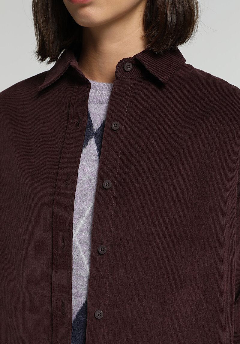 Boyfriend Fit Shirt Neck Düz Kadın Mor Uzun Kol Gömlek