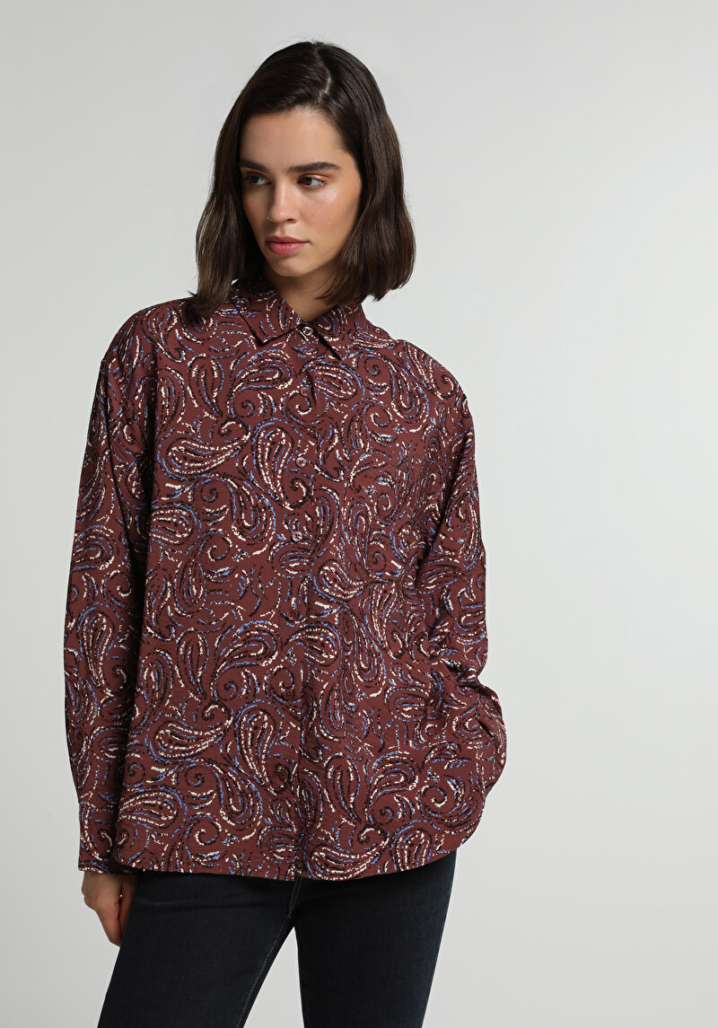 Boyfriend Fit Shirt Neck Baskılı Kadın Çok Renkli Uzun Kol Gömlek