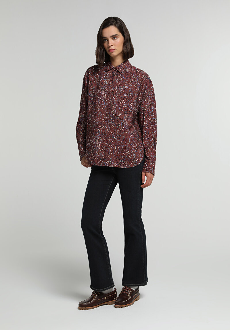Boyfriend Fit Shirt Neck Baskılı Kadın Çok Renkli Uzun Kol Gömlek