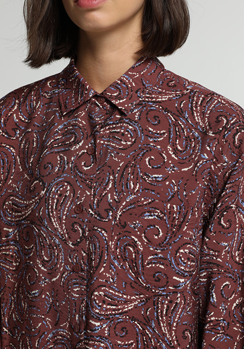 Boyfriend Fit Shirt Neck Baskılı Kadın Çok Renkli Uzun Kol Gömlek