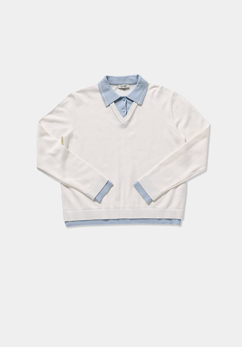 Regular Fit Polo Yaka Düz Kadın Beyaz Kazak