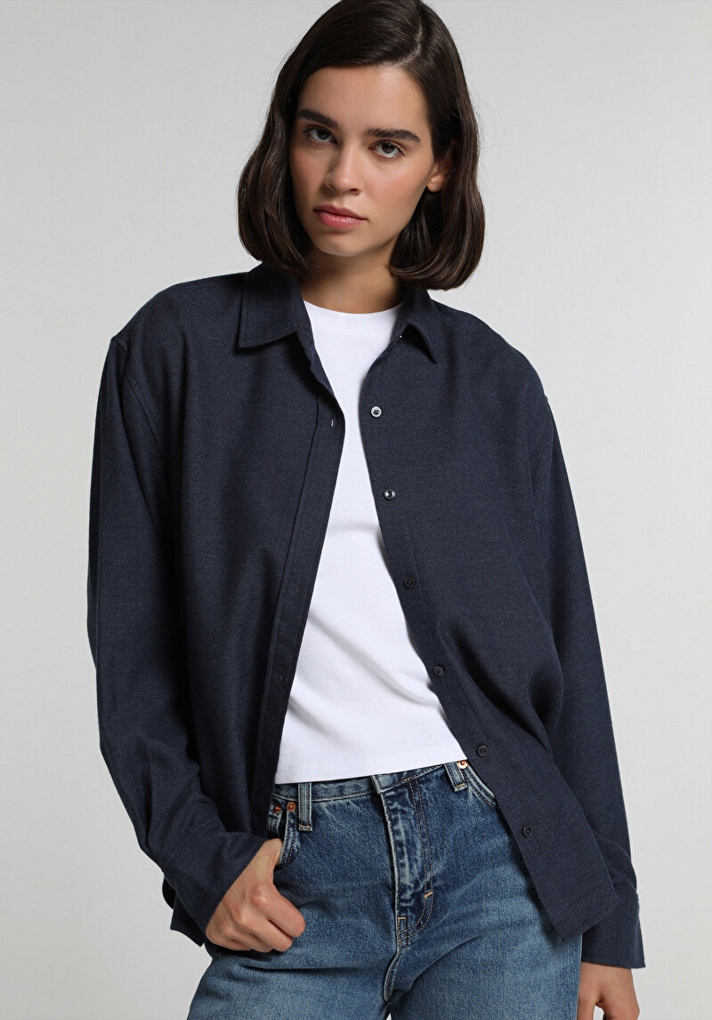 Boyfriend Fit Shirt Neck Düz Kadın Mavi Uzun Kol Gömlek