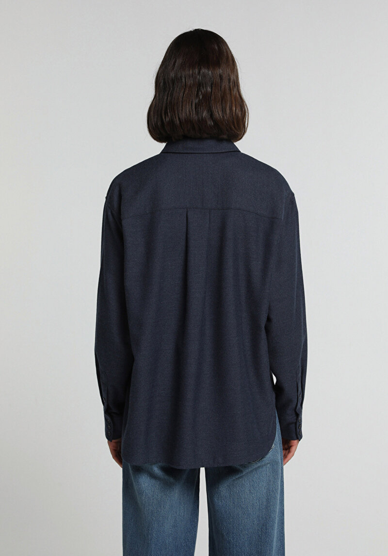 Boyfriend Fit Shirt Neck Düz Kadın Mavi Uzun Kol Gömlek