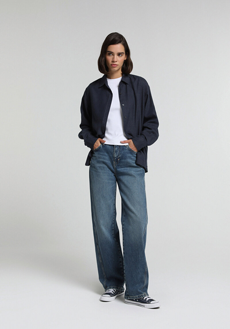 Boyfriend Fit Shirt Neck Düz Kadın Mavi Uzun Kol Gömlek