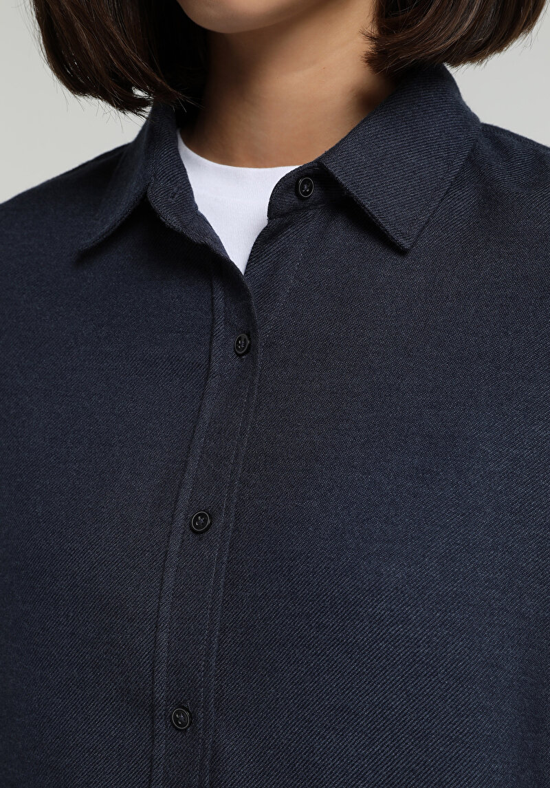 Boyfriend Fit Shirt Neck Düz Kadın Mavi Uzun Kol Gömlek