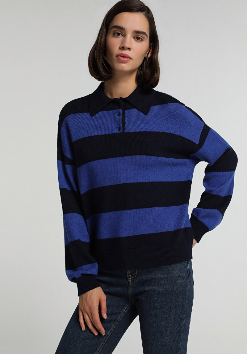 Regular Fit Polo Yaka Çizgili Kadın Lacivert Kazak