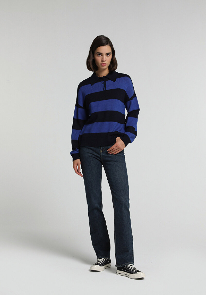 Regular Fit Polo Yaka Çizgili Kadın Lacivert Kazak